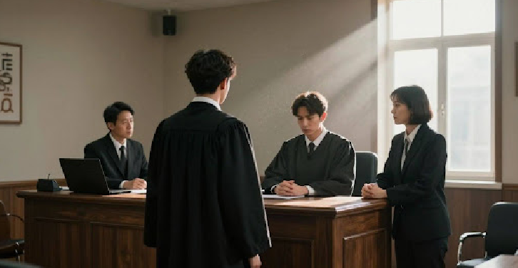 Courtroom scene with judge, prosecutor, and defendant.