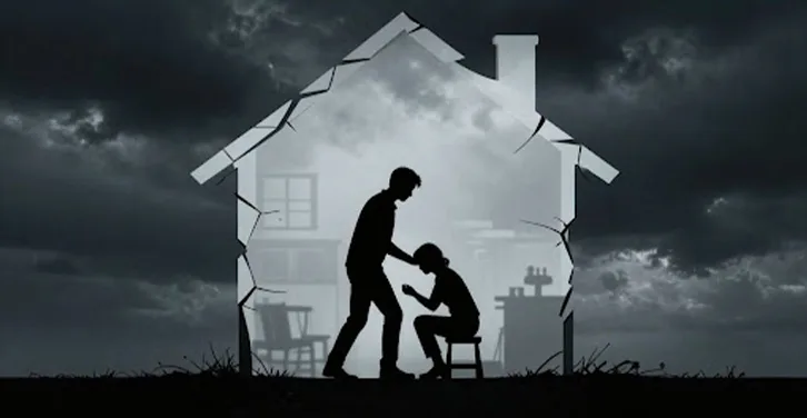 Domestic violence silhouette against stormy sky