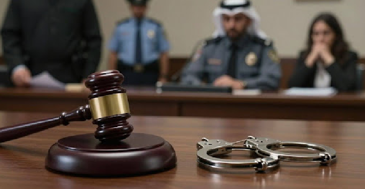 Judge's gavel, handcuffs, police, and woman in court