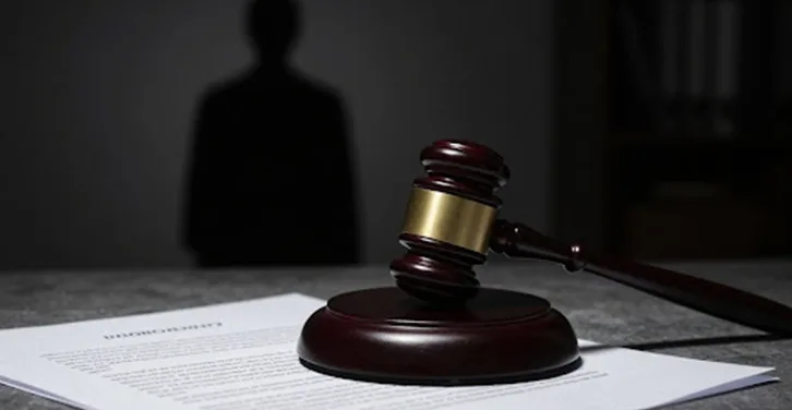 Gavel on legal document, silhouette of person in dim room.