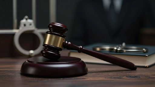 Gavel and handcuffs in a courtroom setting.