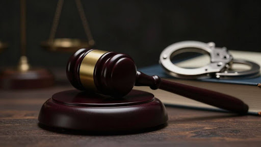 Gavel and handcuffs in a courtroom setting.